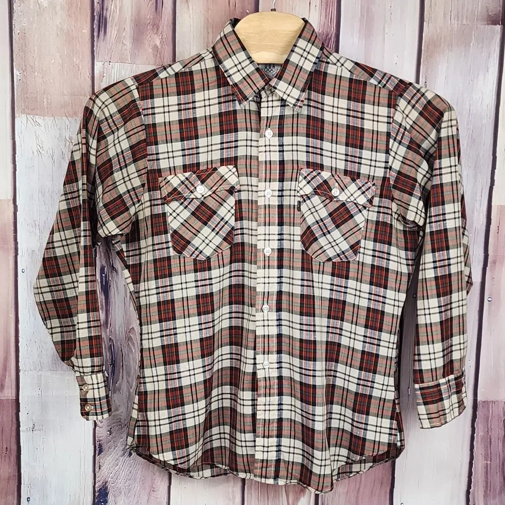 Levis Large Vintage 1980 Olympic Games Red Plaid Button Up Shirt Black Gold Logo